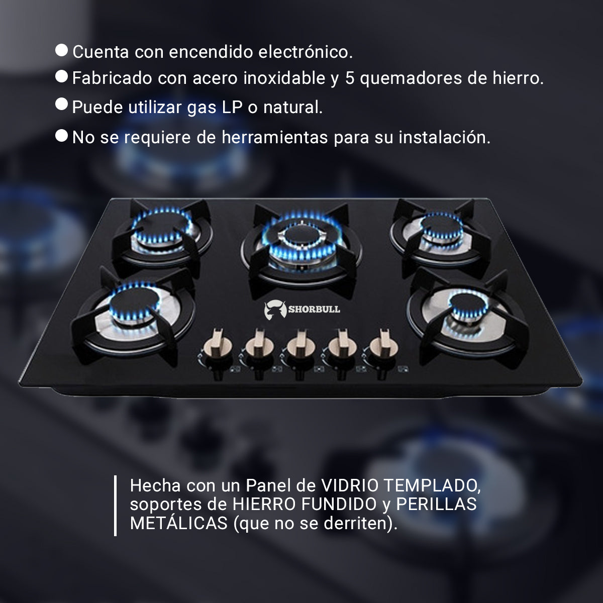 Parrilla Estufa empotrable de 5 Quemadores con Cubierta de Vidrio Templado