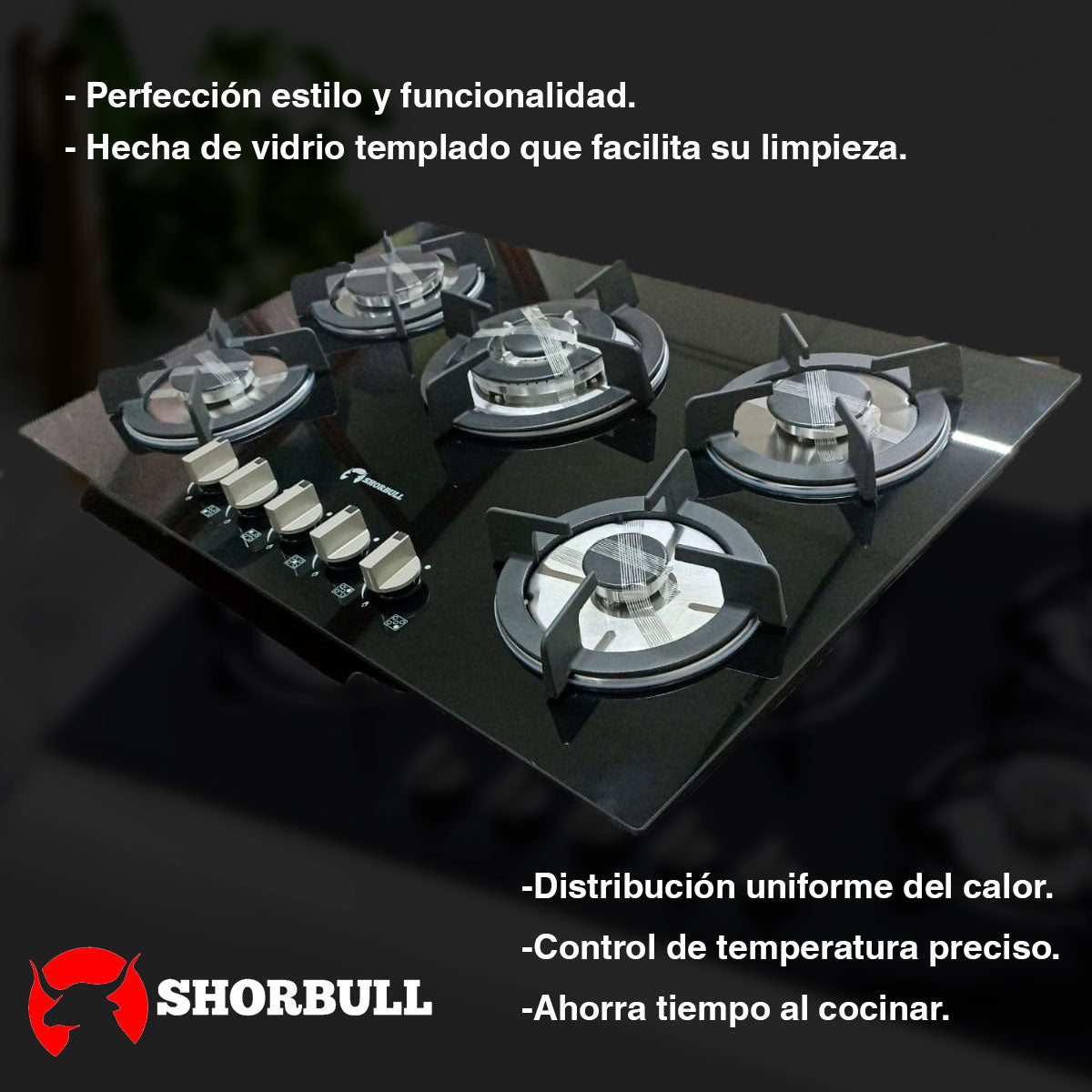Parrilla Estufa empotrable de 5 Quemadores con Cubierta de Vidrio Templado