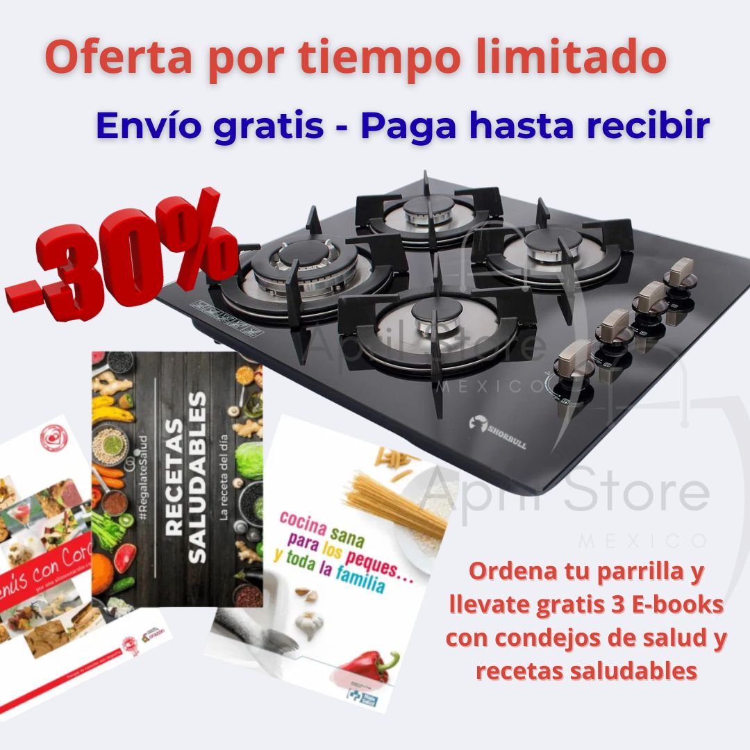 Parrilla Estufa Empotrable con 4 Quemadores de Vidrio Templado + 3 libros digitales de cocina de regalo