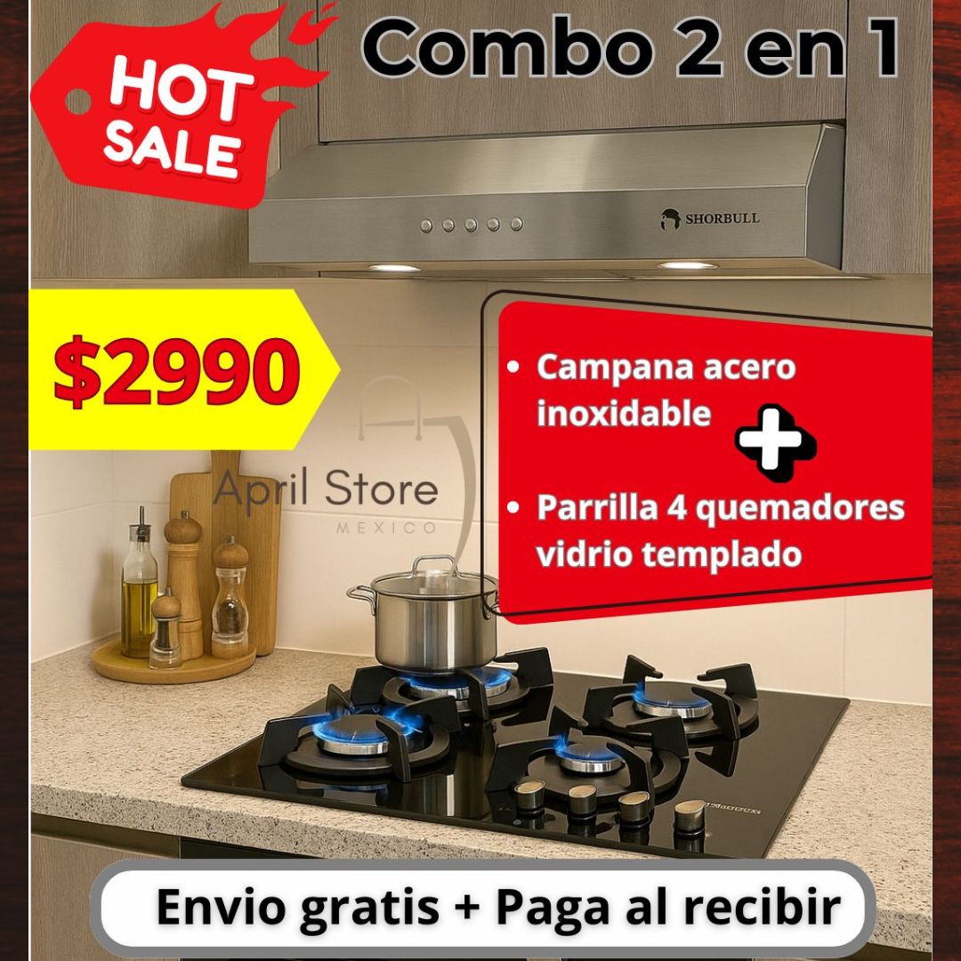 Parrilla 4 quemadores vidrio templado + Campana acero inoxidable