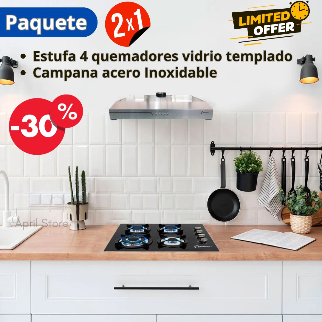 Parrilla 4 quemadores vidrio templado + Campana acero inoxidable