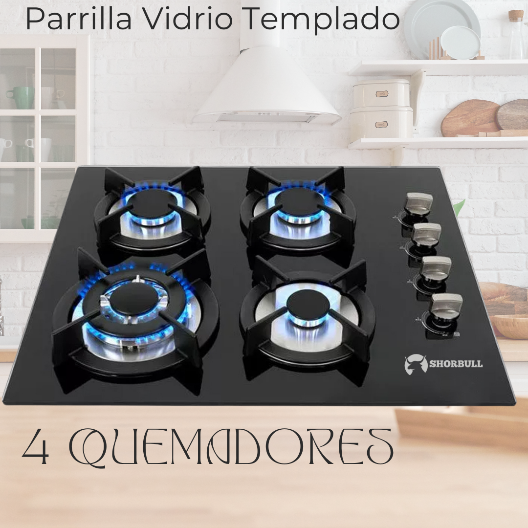 Parrilla Estufa Empotrable con 4 Quemadores de Vidrio Templado + 3 libros digitales de cocina de regalo