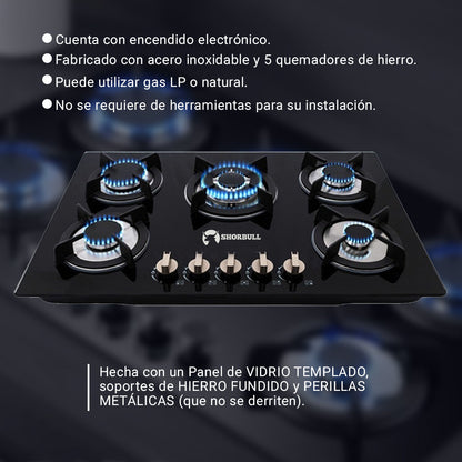 Parrilla Estufa empotrable de 5 Quemadores con Cubierta de Vidrio Templado
