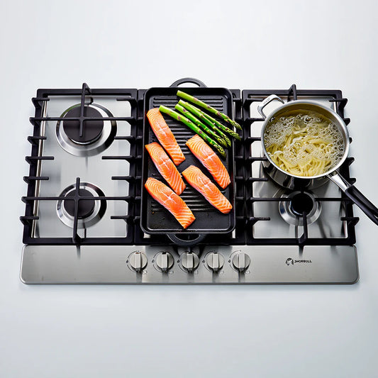 Estufa empotrable de acero inoxidable con 5 quemadores y comal