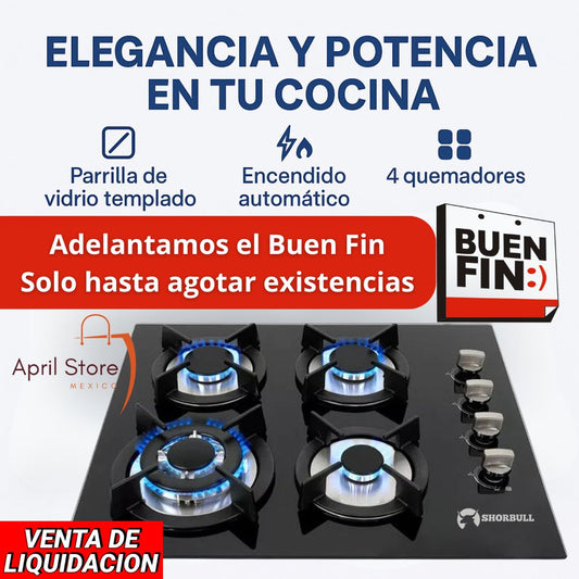 Parrilla Estufa Empotrable con 4 Quemadores de Vidrio Templado + 3 libros digitales de cocina de regalo