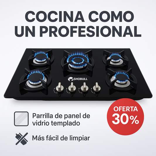 Parrilla Estufa de 5 Quemadores con Cubierta de Vidrio Templado