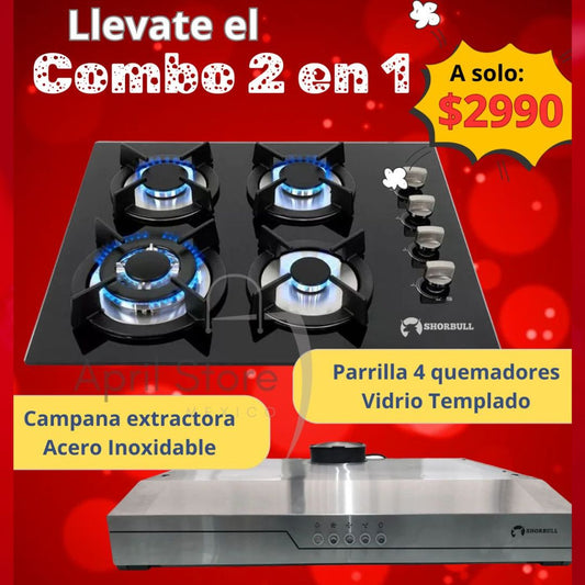 Parrilla 4 quemadores vidrio templado + Campana acero inoxidable