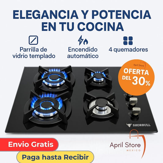 Parrilla Estufa Empotrable con 4 Quemadores de Vidrio Templado + 3 libros digitales de cocina de regalo