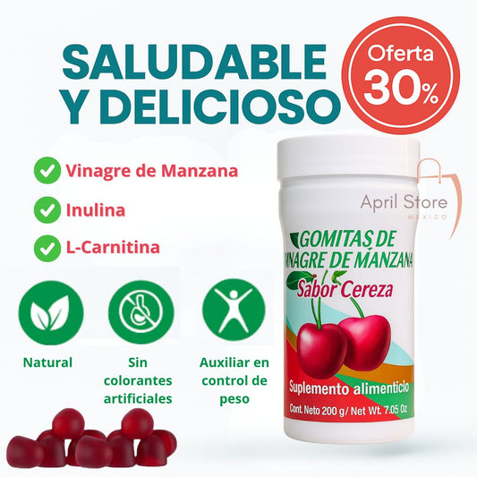 Gomitas de grenetina de Vinagre de Manzana, inulina y L-Carnitina, sabor cereza + Libro recetas saludables